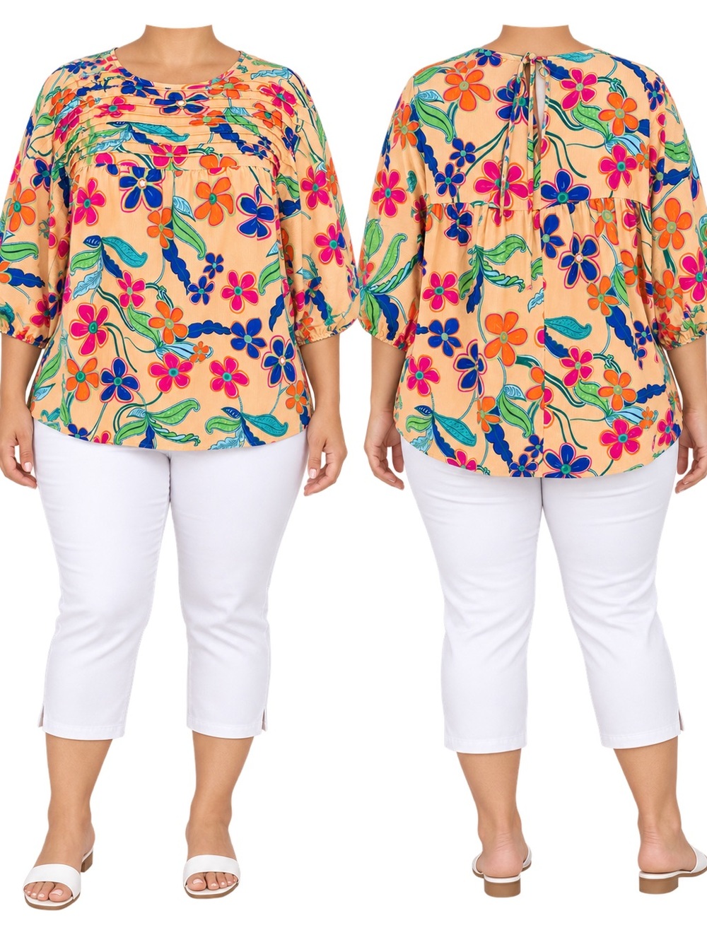 Women's Peach Floral Pintuck Blouse